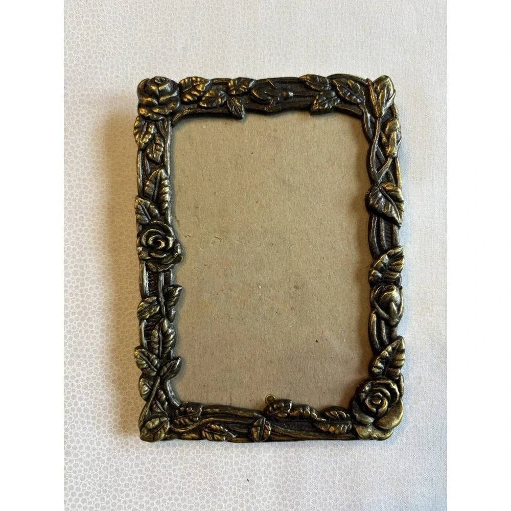 Vintage Weston Ornate‎ Bronze Toned Rose Flower Edge Photo Frame Desktop Stand
